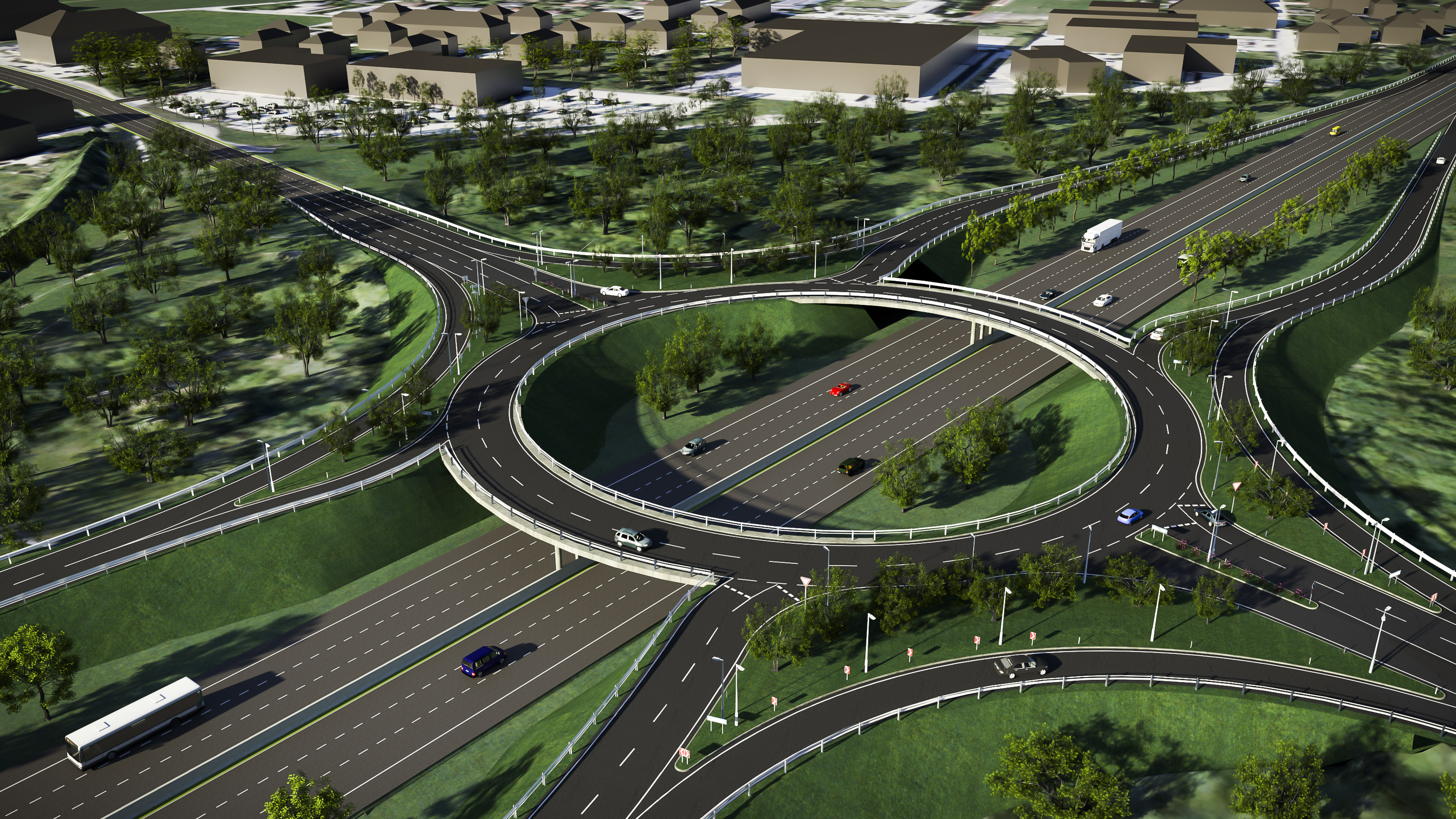 Autobahnknoten mit einem Kreisverkehr über der Autobahn und verbundenen Zu- und Abfahrten