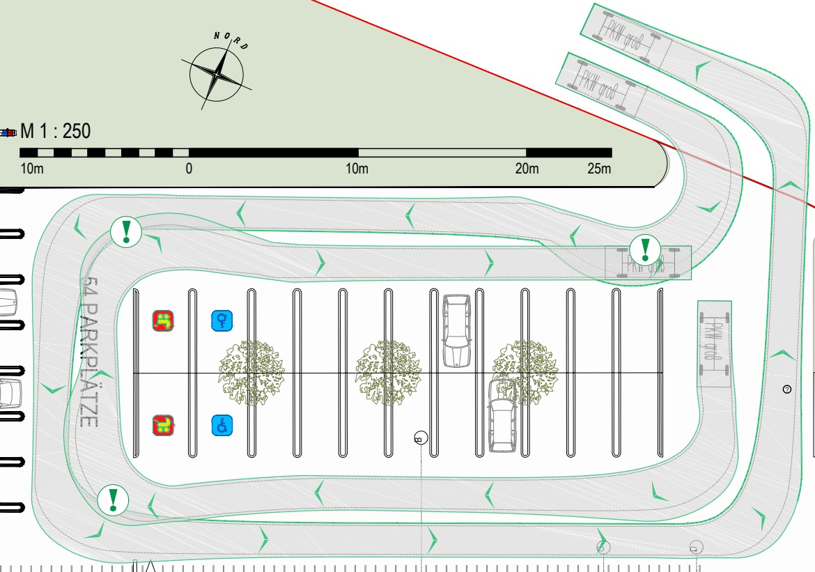 Ausschnitt eines InfraCAD-Musterplans: PKW-Schleppkurven um einen Parkplatz